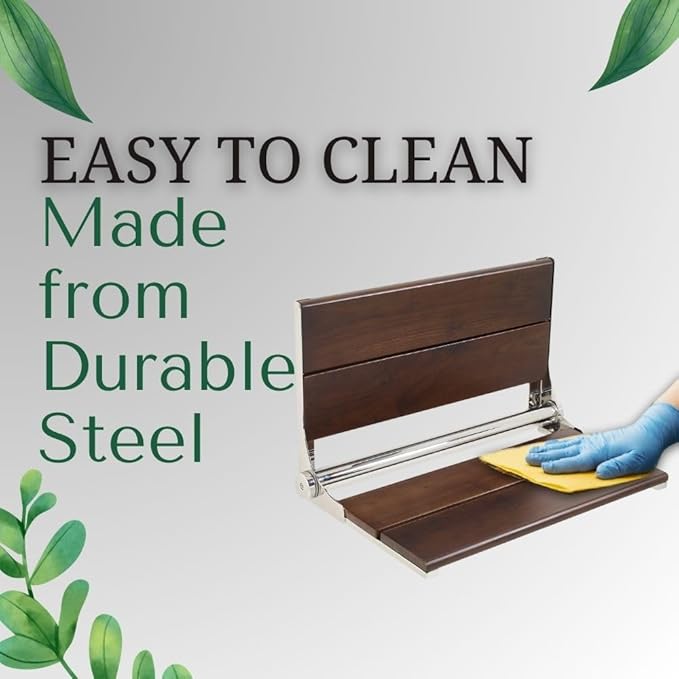 Folding Shower Seat Wall Mounted with Back | 500 lbs Maximum Load Capacity | ADA Compliant Safety Assist Teak Shower Seat for Seniors, Handicapped, and Children | 304 Stainless Steel Frame | 18” x 16”