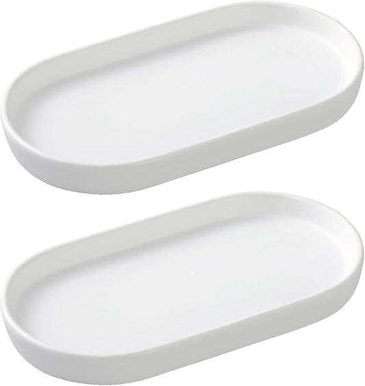 2 Pack White Round Soap Dispenser Tray - 8'' Ceramic Vanity Tray & Organizer Plate Set, Bathroom & Kitchen Countertop Decor for Soap Dispenser, Jewelry, Cosmetics, Sink