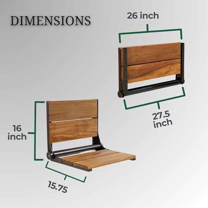 Folding Shower Seat Wall Mounted with Back | 500 lbs Maximum Load Capacity | ADA Compliant Safety Assist Teak Shower Seat for Seniors, Handicapped, and Children | 304 Stainless Steel Frame | 26” x 16”