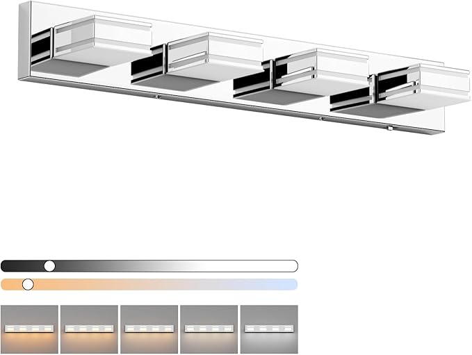Ralbay 30inch Chrome Vanity Light for Bathroom with 5 Color Temperatures (3000K-6000K) Dimmable Stainless Steel Acrylic LED Modern Chrome Bathroom Light Fixtures (4-Light)