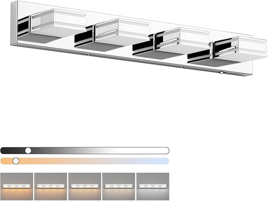Ralbay 30inch Chrome Vanity Light for Bathroom with 5 Color Temperatures (3000K-6000K) Dimmable Stainless Steel Acrylic LED Modern Chrome Bathroom Light Fixtures (4-Light)