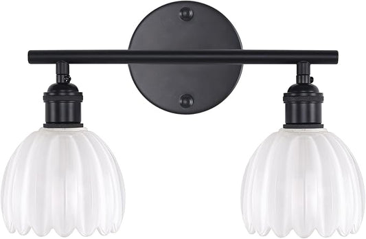 Bathroom Light Fixtures, 2-Light Black Vanity Wall Light Over Mirror with White Tulip Glass Shade for Bedroom Living Room (Bulb Not Included)