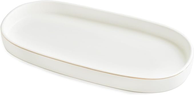 10x5 Bathroom Vanity Tray, Oval Ceramic Decorative Perfume Candle Tray for Bathroom/Kitchen Counter, White