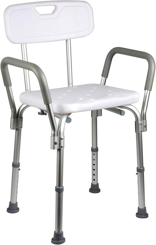 Shower Chair with Back and Padded Arms, Adjustable Height Shower and Bath Bench, Heavy Duty Bath Stool with Nonslip Feet, Tub Chair for Elderly with 350 lb Capacity