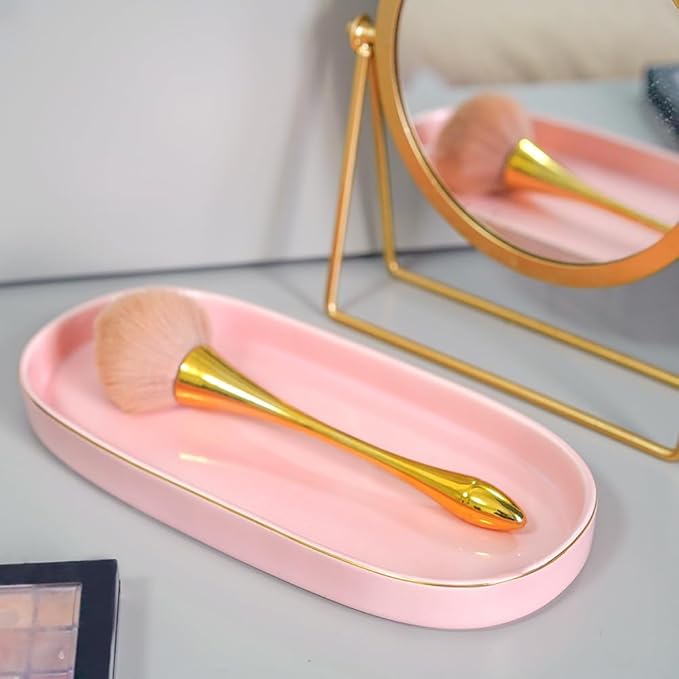 10x5 Bathroom Vanity Tray, Oval Ceramic Decorative Perfume Candle Tray for Bathroom/Kitchen Counter, Pink