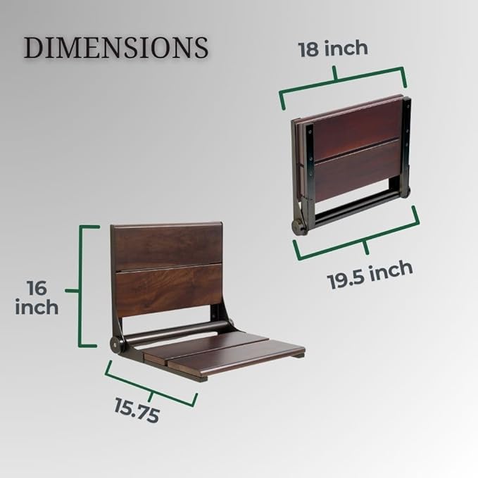 Folding Shower Seat Wall Mounted with Back | 500 lbs Maximum Load Capacity | ADA Compliant Safety Assist Teak Shower Seat for Seniors, Handicapped, and Children | 304 Stainless Steel Frame | 18” x 16”