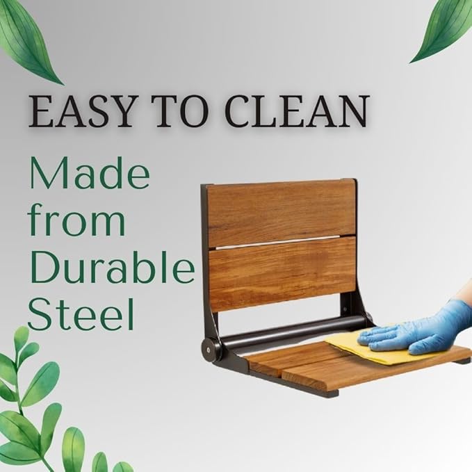 Folding Shower Seat Wall Mounted with Back | 500 lbs Maximum Load Capacity | ADA Compliant Safety Assist Teak Shower Seat for Seniors, Handicapped, and Children | 304 Stainless Steel Frame | 18” x 16”