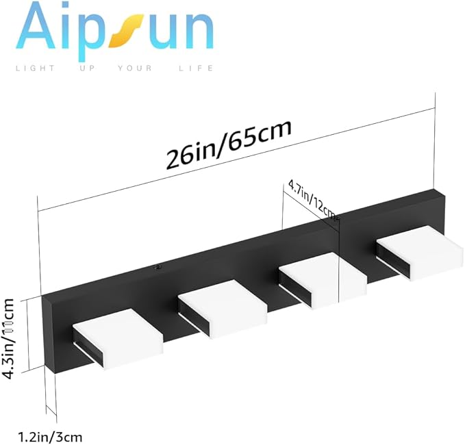 Aipsun Matte Black Bathroom Light Fixtures - 4 Lights LED Modern Vanity Lighting Fixtures Over Mirror (White Light 6000K)
