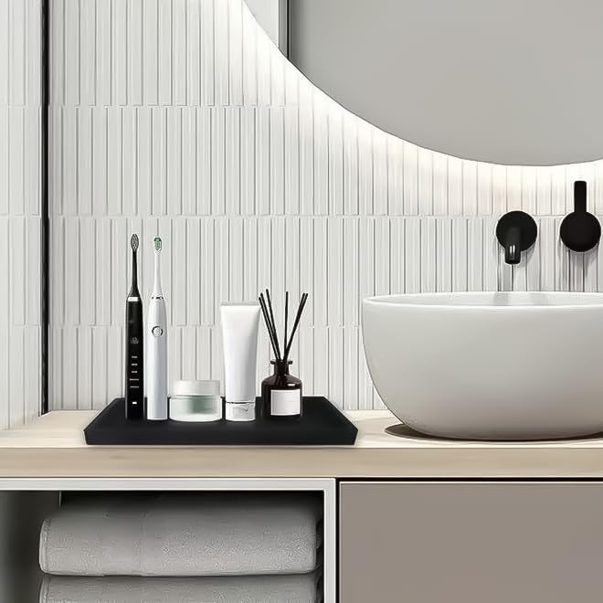 2PCS 11.8” L x 5” W Silicone Soap Dispenser Tray, Bathroom Sink Vanity Trays for Dresser Tops, Toilet, Small Black Tray for Scrubber, Lotion Bottles, Perfume, Jewelry, Candle, Key Trinket Ring-Black