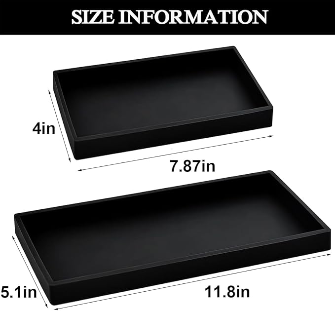 2PCS(7.87” L and 11.8” L) Silicone Soap Dispenser Tray, Kitchen soap Caddy countertop, Toilet, Black Tray for Scrubber, Lotion Bottles, Perfume, Jewelry, Candle, Key Trinket Ring-Black