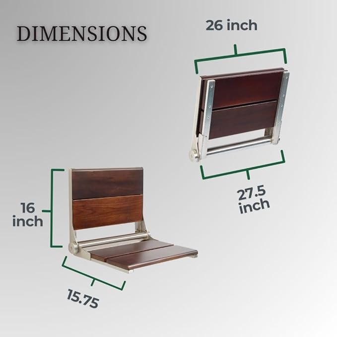 Folding Shower Seat Wall Mounted with Back | 500 lbs Maximum Load Capacity | ADA Compliant Safety Assist Teak Shower Seat for Seniors, Handicapped, and Children | 304 Stainless Steel Frame | 26” x 16”