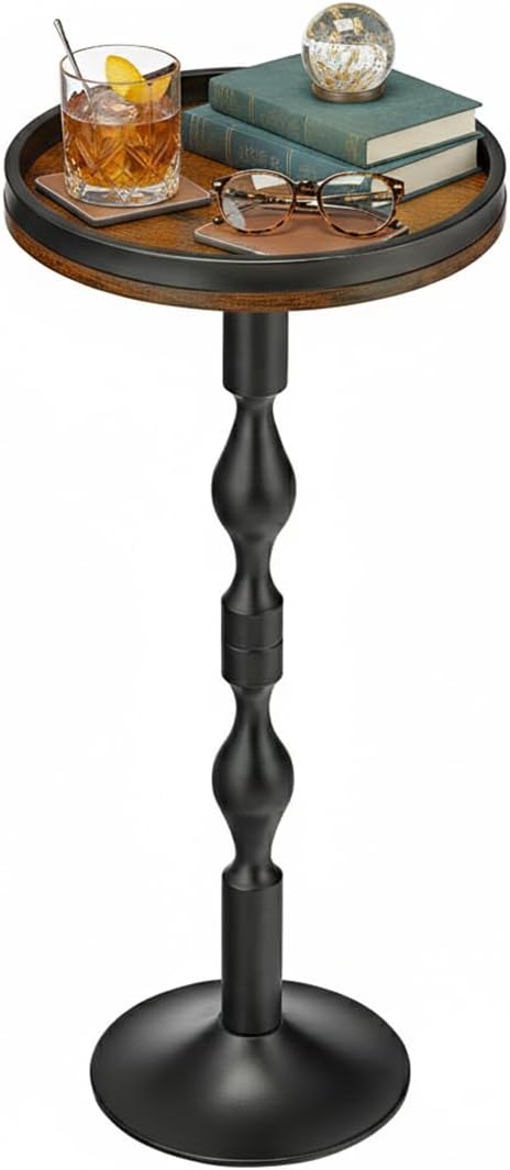 Small Round Drink Table,Pedestal Tables,Small Round Side Table for Narrow Spaces,End Table for Living Room, Bedroom, Bathroom,Balcony (Rustic Brown)