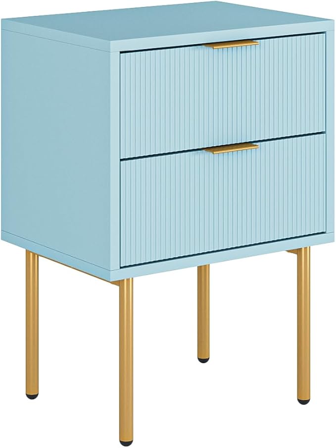 Masupu Night Stand,Mid-Century Modern Bedside Table with 2 Storage Drawer,Small Gold Frame Side End Table for Bedroom,Living Room, Blue