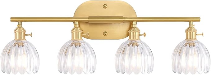 Bathroom Light Fixtures, 4-Light Brass Vanity Wall Light Over Mirror with Clear Tulip Glass Shade for Bedroom Living Room (Bulb Not Included)