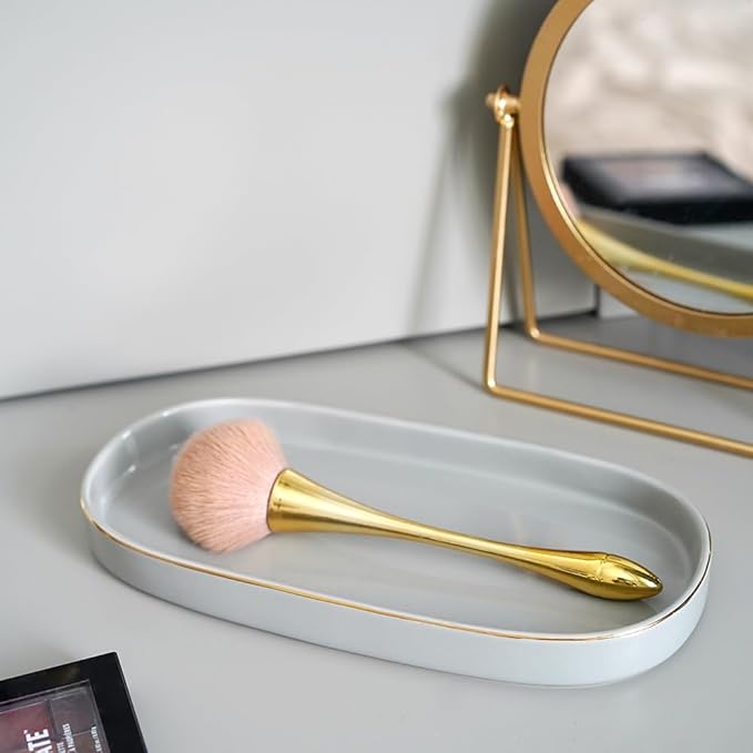 10x5 Bathroom Vanity Tray, Oval Ceramic Decorative Perfume Candle Tray for Bathroom/Kitchen Counter, Grey