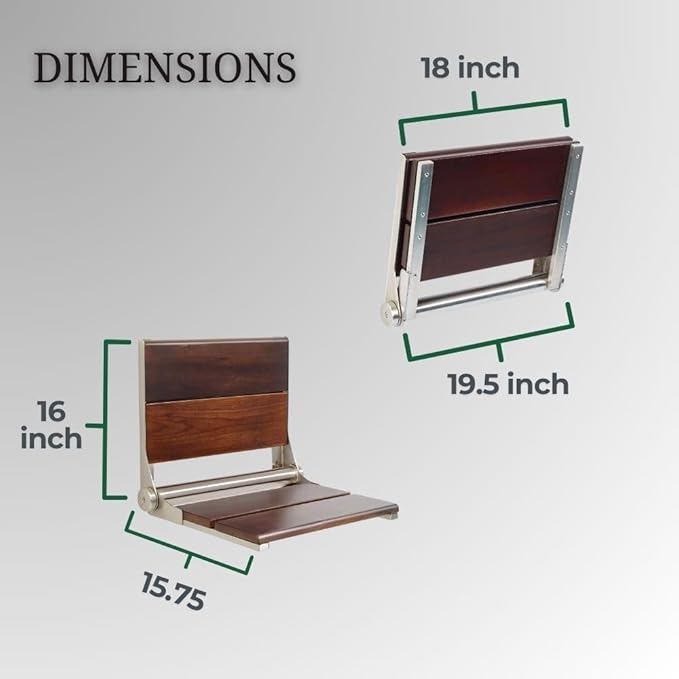 Folding Shower Seat Wall Mounted with Back | 500 lbs Maximum Load Capacity | ADA Compliant Safety Assist Teak Shower Seat for Seniors, Handicapped, and Children | 304 Stainless Steel Frame | 18” x 16”
