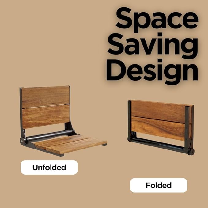Folding Shower Seat Wall Mounted with Back | 500 lbs Maximum Load Capacity | ADA Compliant Safety Assist Teak Shower Seat for Seniors, Handicapped, and Children | 304 Stainless Steel Frame | 18” x 16”