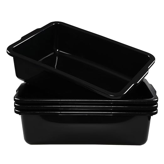 23 Liter Commercial Bus Trays, Black Plastic Bus Tubs Tote Boxes Set of 4