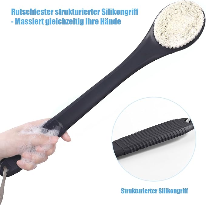 17-Inch Back Scrubber for Shower, Anti-Slip Exfoliating Body Brush for Bath, Gentle Back Brush for Shower for Men, and Women, Cleaning Skin for Smooth, Glowing Skin (Black)