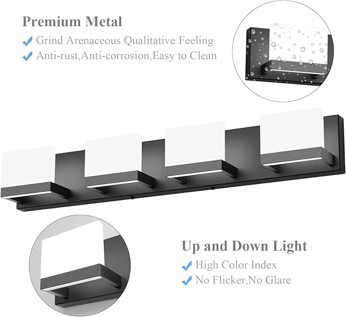 Tipace Dimmable Black LED Vanity Light for Bathroom Up and Down 4 Lights Black Modern Bathroom Wall Light Fixtures Over Mirror(White Light 6000K)