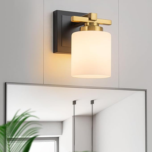 1 Light Modern Bathroom Light Fixtures Over Mirror, Black Gold Vanity Lights for Bathroom Wall Sconces with Milky White Glass Shades, E26 Socket (Bulbs Not Included)