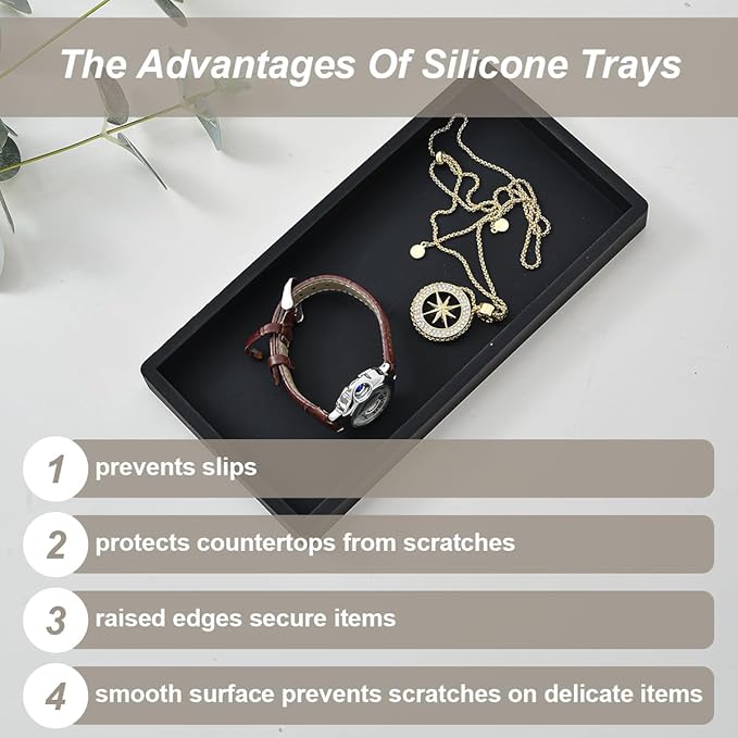 2PCS 11.8” L x 5” W Silicone Soap Dispenser Tray, Bathroom Sink Vanity Trays for Dresser Tops, Toilet, Small Black Tray for Scrubber, Lotion Bottles, Perfume, Jewelry, Candle, Key Trinket Ring-Black