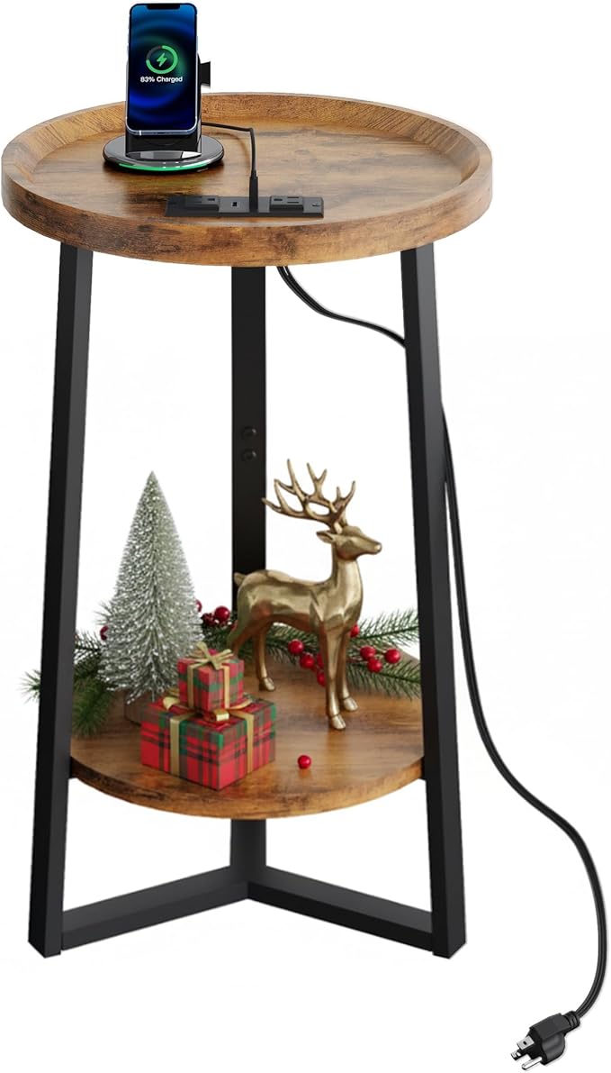 WLIVE Round End Table with Charging Station, 2 Tier Side Table for Living Room/Bedroom, Round Nightstand with Storage Shelf, Small Spaces, Wood Tabletop & Metal Frame, Rustic Brown