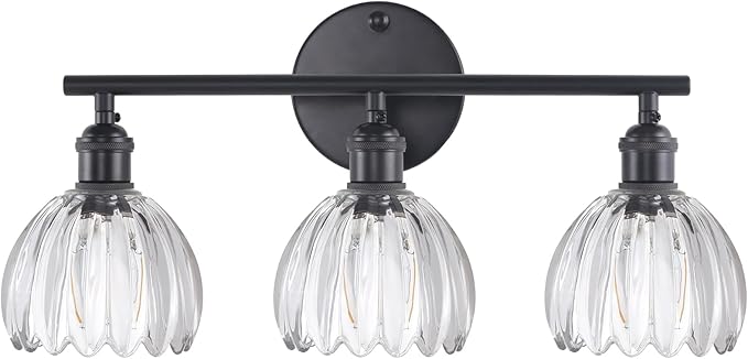Bathroom Light Fixtures, 3-Light Black Vanity Wall Light Over Mirror with Clear Tulip Glass Shade for Bedroom Living Room (Bulb Not Included)