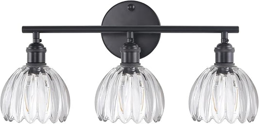 Bathroom Light Fixtures, 3-Light Black Vanity Wall Light Over Mirror with Clear Tulip Glass Shade for Bedroom Living Room (Bulb Not Included)