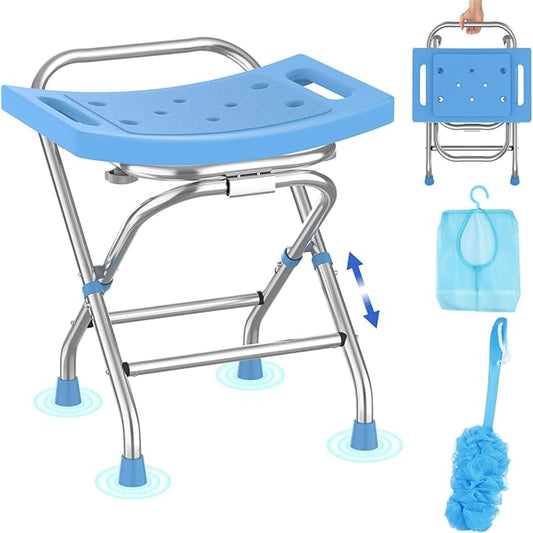 Folding Shower Seat - Stainless Steel Shower Chair for Inside Shower - 420lbs Height Adjustable Foldable Shower Stool - Portable Travel Collapsible Bath Bench for Elderly, Senior, Handicap & Disabled
