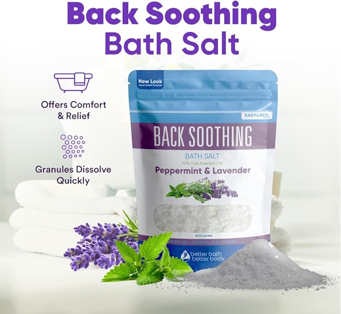 Back Soothing Bath Salt 32 Ounces Epsom Salt with Natural Bergamot, Lavender, Eucalyptus and Peppermint Essential Oils Plus Vitamin C in BPA Free Pouch with Easy Press-Lock Seal