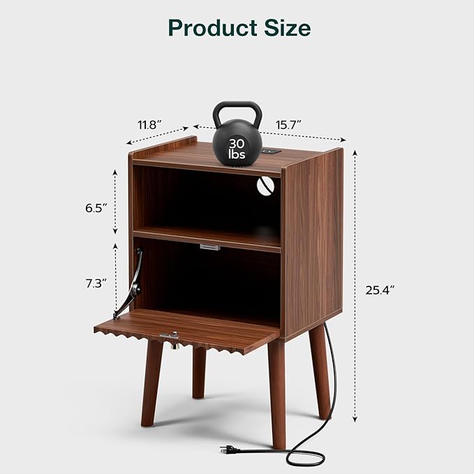 Side Table with Charging Station, Modern End Table with Fluted Drawer, Bedside Table, Night Stand with 2 Tiers Storage Space, for Bedroom, Living Room, Walnut