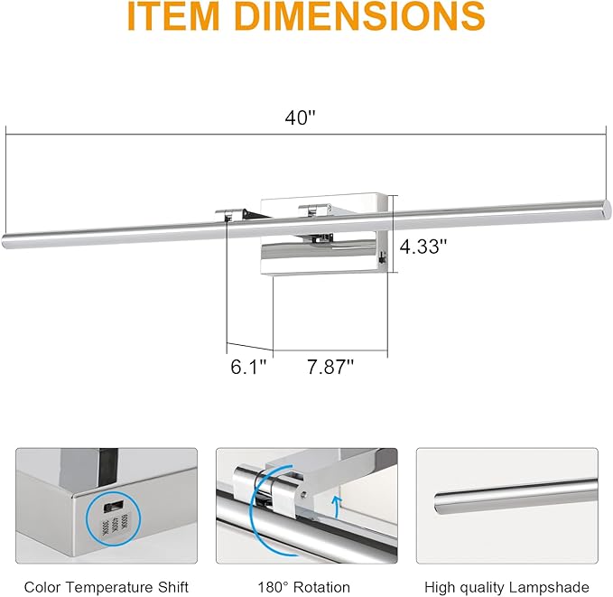 40 Inch LED Bathroom Vanity Light (3000K/4000K/6000K, Dimmable), Chrome Modern Bathroom Light Fixture Over Mirror, Vanity Light Bar with Angle Adjustable