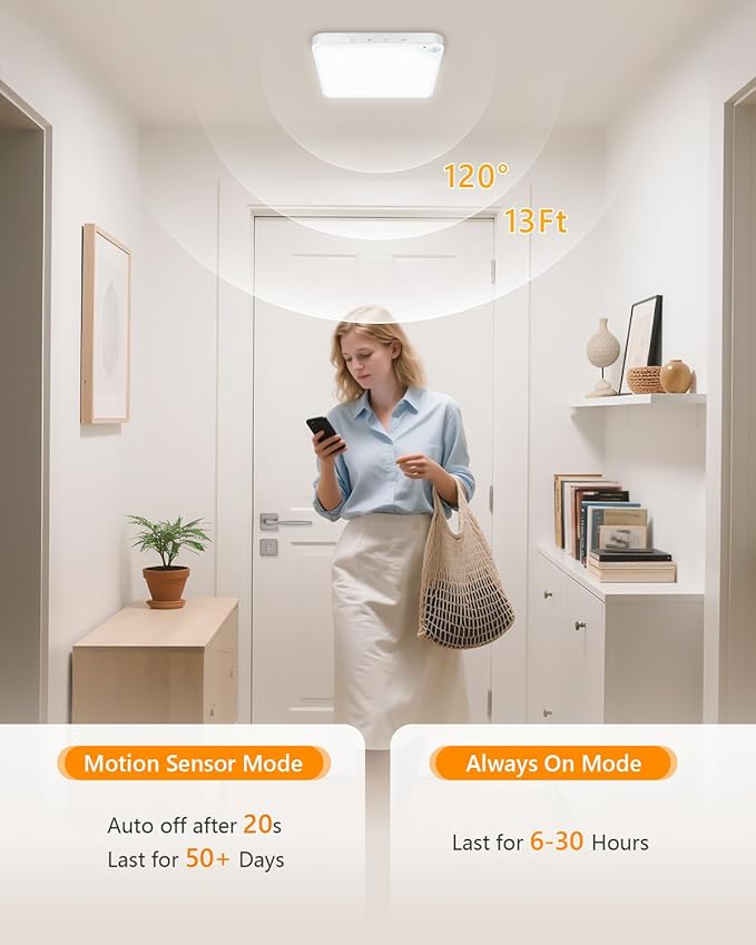 Rechargeable 8W Motion Sensor Ceiling Light Indoor, Wireless Magnetic Stick on Closet Light, Remote Control for Color & Brightness, Battery Operated Light for Shower, Bathroom, Pantry, Hallway, 2-Pack