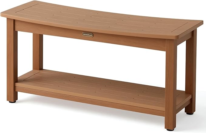 36'' Large Shower Bench Seat, Poly Lumber Bath Stool for Inside Shower Waterproof, HDPS Bathroom Chair for Shaving Legs with Adjustable Feet, Non-Slip & No Maintenance, Brown