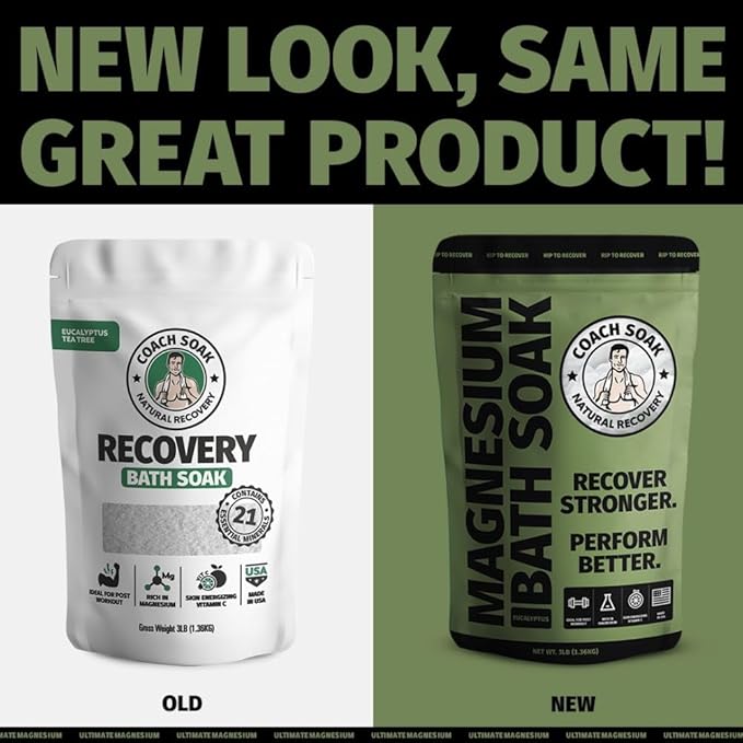 Coach Soak: Recovery Bath Soak – Rejuvenating Post Workout Natural Magnesium Flakes - 21 Minerals, Essential Oils & Dead Sea Bath Salts - Absorbs Faster Than Epsom Salts, 3lbs (Eucalyptus Tea Tree)