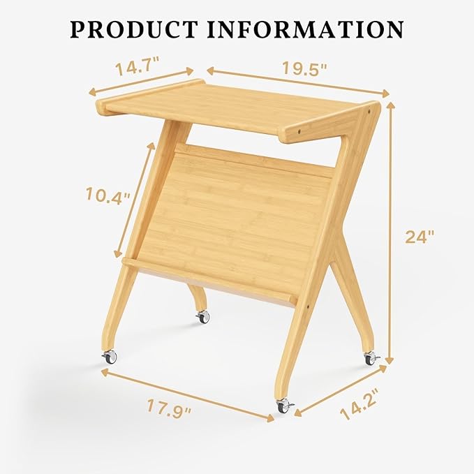 ZIYOO Solid Wood Mobile Side Table with Lockable Wheels, Multi-Functional Rolling End Table & Nightstand for Bedroom/Living Room, Small Spaces, Natural Bamboo
