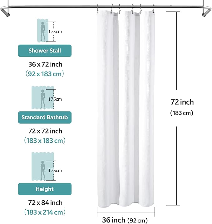3 in 1 Shower Curtain Set, Waffle Shower Curtain and Liner Set with 6 Double Sided Shower Curtain Hooks, 258GSM Luxury Weighted Cloth Shower Curtains for Bathroom, 36 W x 72 H, White