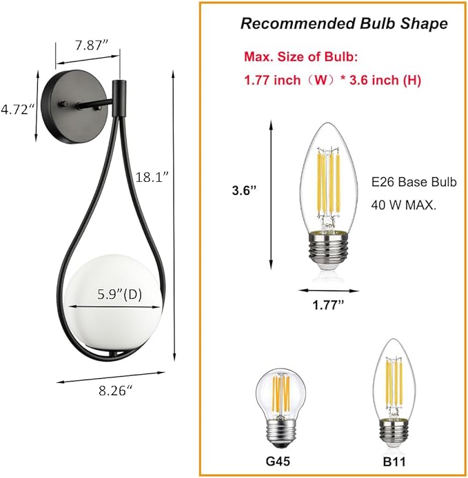 HOLKIRT Black Wall Sconces Set of Two Mid Century Modern Wall Light Fixtures for Bedroom Living Room Bathroom with White Opal Hand Blown Globe Glass
