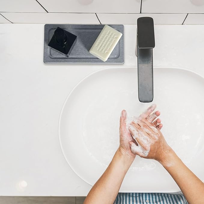 2 PCS Water Absorbing Stone Trays for Bathroom Sink & Kitchen Counter, Fast-Drying Diatomite Sink Coasters, Vanity Tray, Hand Soap Holder with Anti-Skid Pads (9.5" x 4.7" Gray)