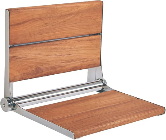 Folding Shower Seat Wall Mounted with Back | 500 lbs Maximum Load Capacity | ADA Compliant Safety Assist Teak Shower Seat for Seniors, Handicapped, and Children | 304 Stainless Steel Frame | 26” x 16”
