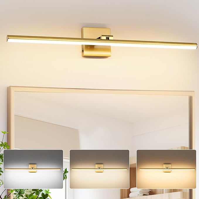 32 Inch LED Bathroom Vanity Light (3000K/4000K/6000K, Dimmable), Brass Modern Bathroom Light Fixture Over Mirror, Vanity Light Bar with Angle Adjustable