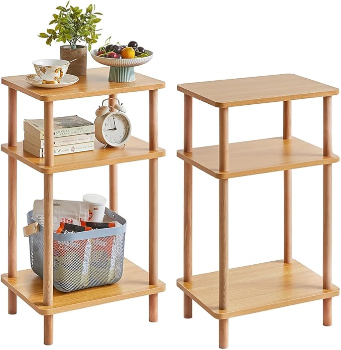 2 Pack Wooden Side Table, 3-Tier Narrow End Tables, Burlywood Nightstand Sofa Table Used for Living Room, Boho Small End Table with 3-Layer Storage Shelves for Bedroom (Set of 2)