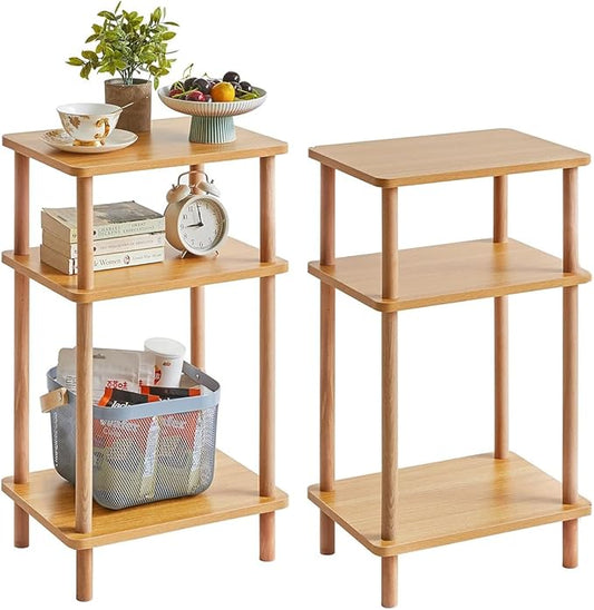 2 Pack Wooden Side Table, 3-Tier Narrow End Tables, Burlywood Nightstand Sofa Table Used for Living Room, Boho Small End Table with 3-Layer Storage Shelves for Bedroom (Set of 2)