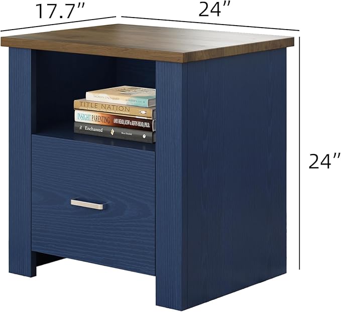 4ever2buy Farmhouse Nightstand with Storage Drawer, Bedside Table with Metal Handle&Open Wood Shelf, Rustic End Table for Bedroom, Living Room, Blue