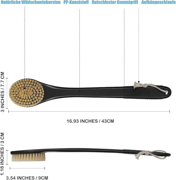 17-Inch Back Scrubber for Shower, Anti-Slip Exfoliating Body Brush for Bath, Gentle Back Brush for Shower for Men, and Women, Cleaning Skin for Smooth, Glowing Skin (Boar Bristles)