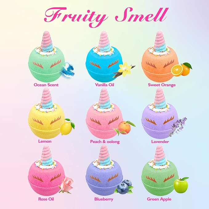 Skin-Safe Unicorn Bath Bombs for Kids with Surprise Squishy Toys Inside, 9 Extra Large Bath Salts with Calming and Long Lasting Scent, Natural Bubble Bath Bombs for Girls Sensitive Skin