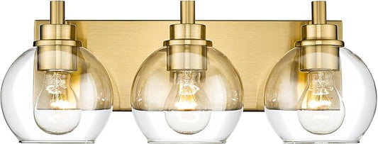 Bathroom Light Fixtures, 3-Light Brushed Gold Vanity Light, Modern Wall Sconces with Clear Glass Globe Shade, Bathroom Wall Lights for Mirror Kitchen Bedroom Hallway Living Room, VL195-GD-3