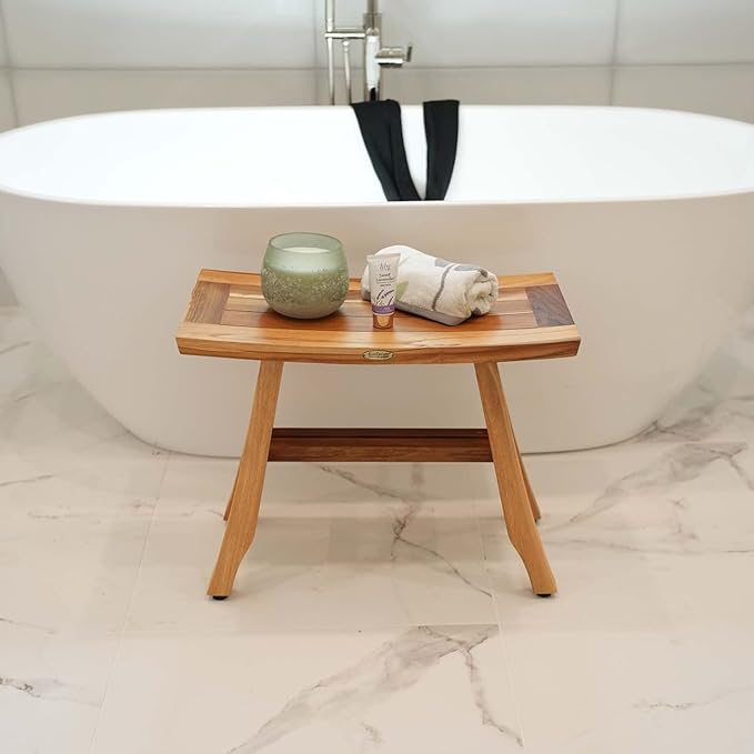 EcoDecors 24 Inch Satori Natural Teak Waterproof Teak Wood Shower Bench Stool Seat Chair for Inside Shower Provides Safety, Storage, and Organization for Bathroom Accessories
