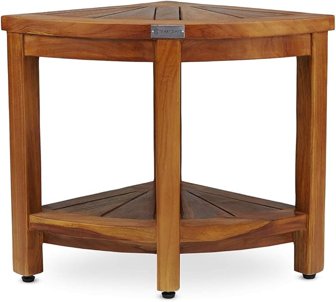 TeakCraft Teak Corner Shower Bench Seat for Bathroom - Waterproof Shower Stool - Fully Assembled, The Saga